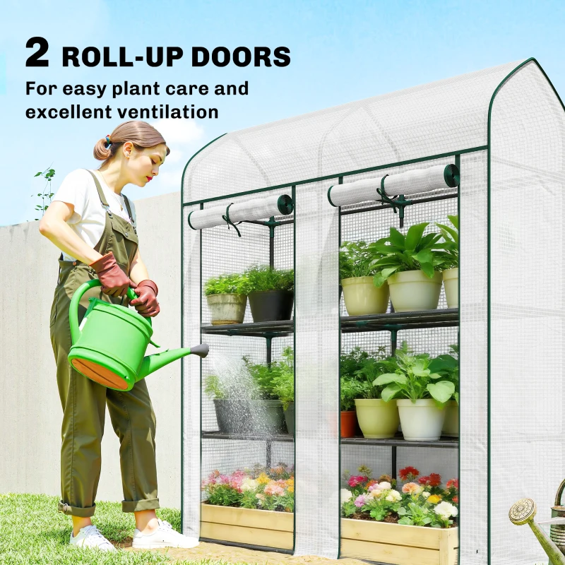 Outsunny 3 Tier Mini Greenhouse, Small Portable Greenhouse with 2 Roll-up Doors, 56.3" x 18.1" x 65", White