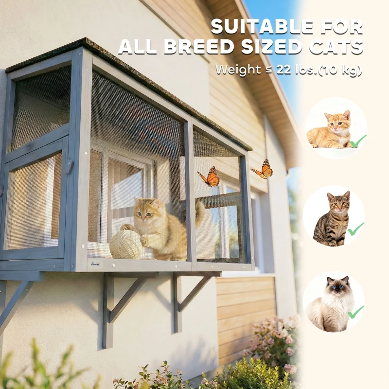 PawHut Catio Outdoor Cat Enclosure Expandable Wooden Cat House with 2 Doors for Window, 39.4"L