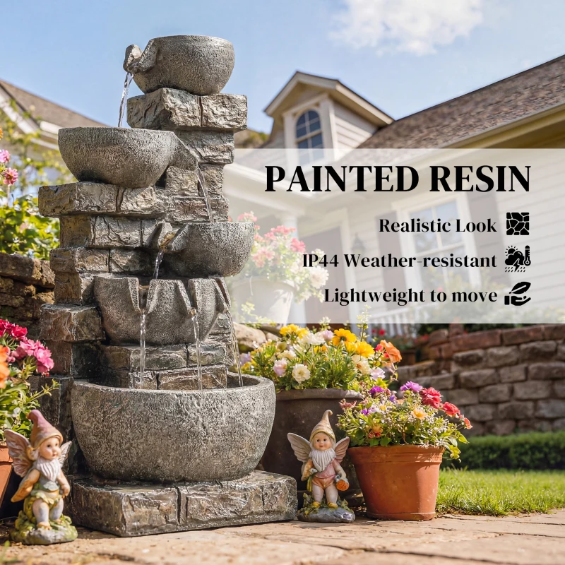 Outsunny Outdoor 31.5" Tall Water Fountain with LED Lights, 5 Tiers Cascading Water Feature for Garden Patio Home Decor, Grey