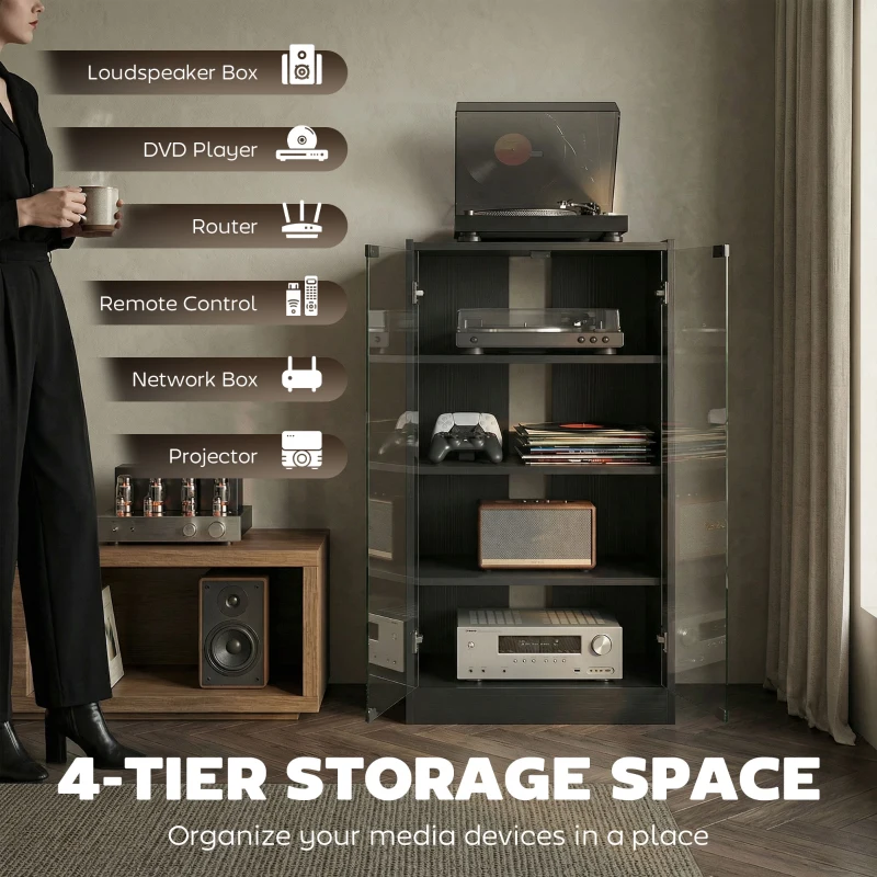 HOMCOM 5-Tier AV Media Stand with Push to Open Glass Doors, Audio-Video Storage Cabinet with Adjustable Shelves for DVD Players, Games Consoles, Routers, Distressed Black