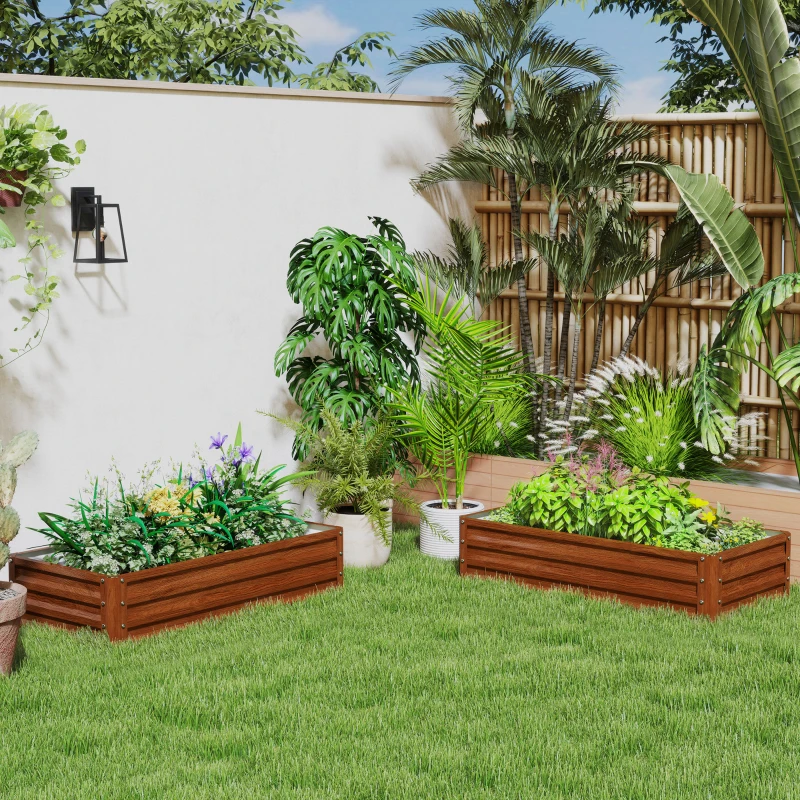 Outsunny 4' x 2' x 1' Raised Garden Bed, Set of 2 Galvanized Planter Box for Vegetables, Flowers, Herbs, Dark Brown Wood Effect