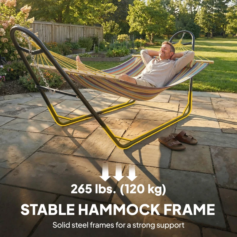 Outsunny Hammock with Stand, Heavy Duty Camping Hammock with Detachable Pillow and Spreader Bar, 264 lbs Capacity, Multicolor