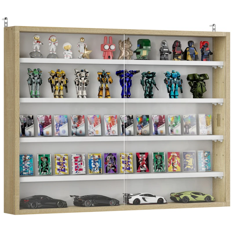 HOMCOM 5-Tier Display Cabinet, Shot Glass Display Case, Glass Curio Cabinet with 2 Glass Doors and 4 Adjustable Shelves, Oak