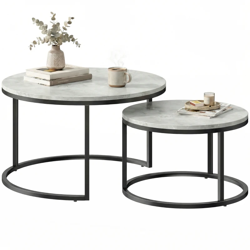 HOMCOM Modern Coffee Table Set of 2, Nesting Side Tables w/ Metal Base for Living Room Bedroom Office Marble Grey
