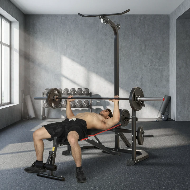 Soozier Multi-Function Home Gym Machine with Bench Press Rack, Squat Rack and Lat Pulldown System, Black