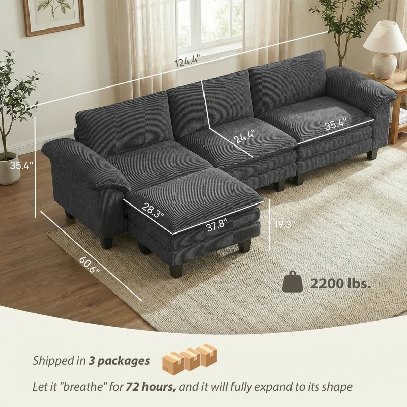 HOMCOM Sectional Sofa, L Shaped Couch with Deep Seat, Movable Ottoman and Pillow-top Armrests, Dark Gray