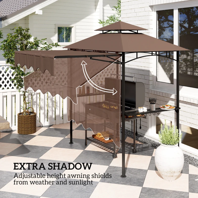 Outsunny 8' x 7.6' Grill Gazebo, Double Tiered Barbecue Grill Gazebo Shelter w/ Side Awning, 2 Side Shelves, 6 Hooks, Brown