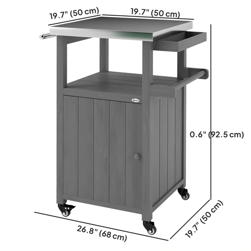 Outsunny Grill Table with Stainless Steel Top, Pizza Oven Table with Storage Cabinet, Spice Rack, Wheels, Handle, Dark Grey