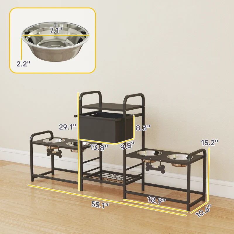 PawHut 3 Height Adjustable Dog Bowl Stand with 2 Feeding Stations, Toy Bin Basket, Black