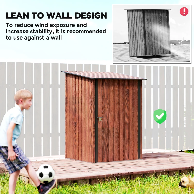 Outsunny 3.3' x 3.4' Lean-to Garden Storage Shed, Outdoor Galvanized Steel Tool House with Lockable Door for Patio, Teak