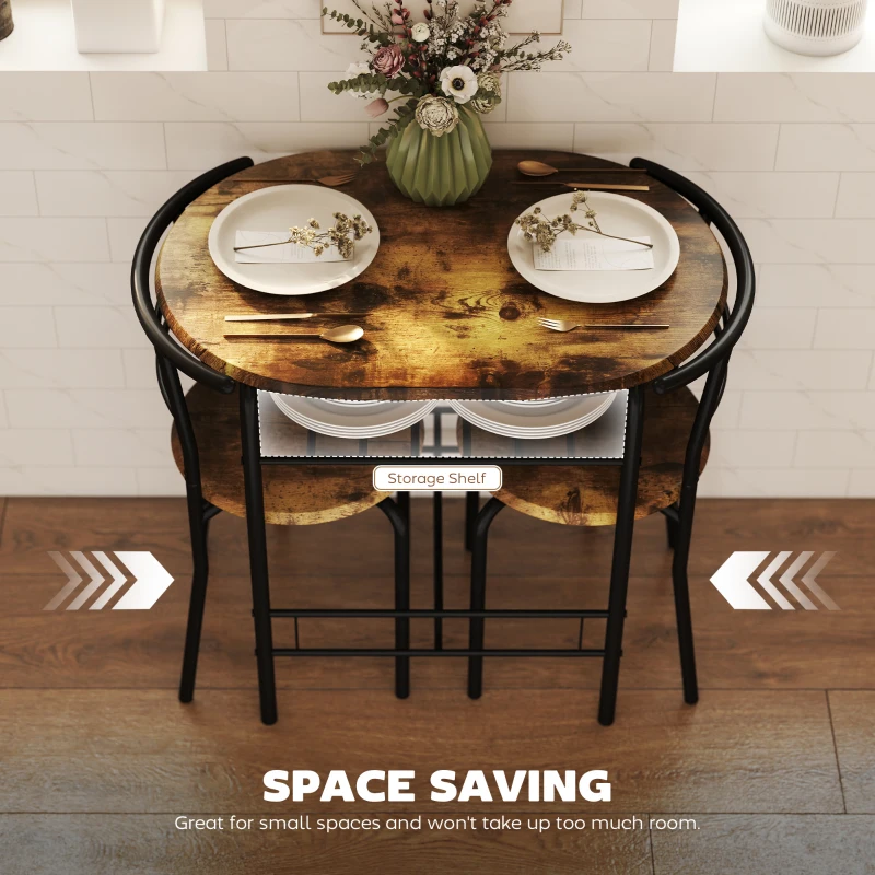 HOMCOM Dining Table Set of 3, Kitchen Table and Chairs Set for 2 with Shelf, Living Room Rustic Brown