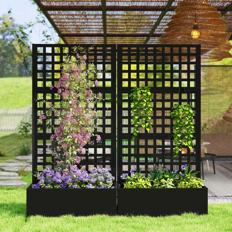 Outsunny Galvanized Raised Garden Bed Planter Box with Trellis for Climbing Plants, Vegetable, Vines, 35" x 16" x 70", Black