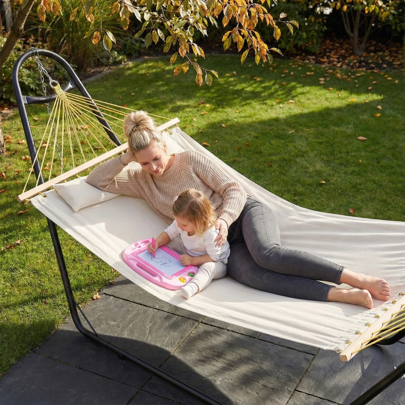 Outsunny Hammock with Stand, Heavy Duty Camping Hammock with Detachable Pillow and Spreader Bar, 264 lbs Capacity, Cream White