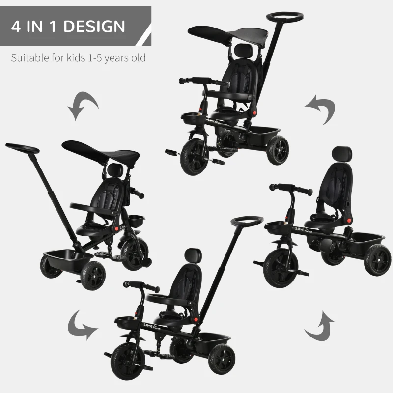 Qaba Tricycle for Toddler 4 in 1 Kids Trike with Reversible Adjustable Seat, Baby Push Bike with Removable Handle, Flat Canopy, Belt Storage Brake Clutch for 1-5 Years, Black