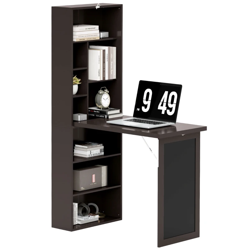 HOMCOM Fold-out Convertible Office Desk, Wall Mount Computer Desk with Blackboard and Side Shelf, Brown
