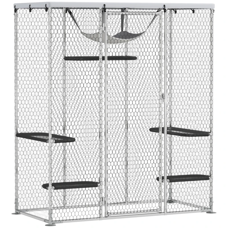 PawHut Catio Outdoor Cat Enclosure, Galvanized Steel Walk-in Cat Cage with Waterproof Cover, 5 Adjustable Platforms, Hammock