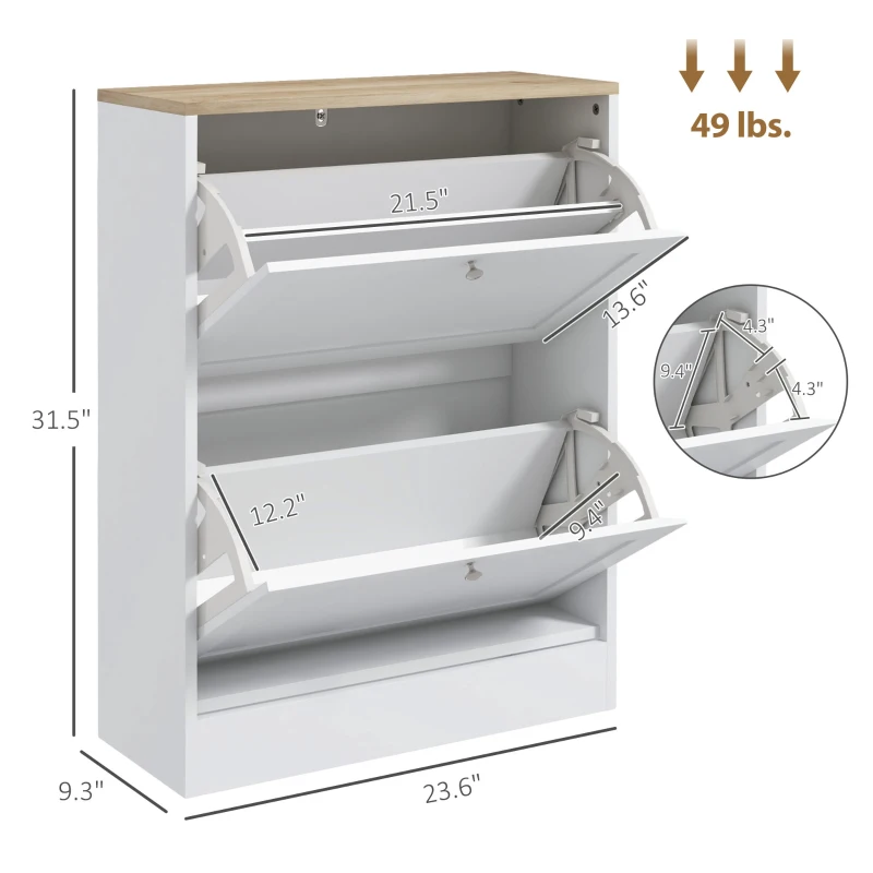 HOMCOM Slim Shoe Storage Cabinet, Modern Shoe Cabinet with 2 Flip Drawers and Adjustable Shelves for 8-12 Pairs, White