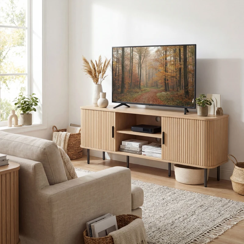 HOMCOM TV Stand Cabinet for TVs up to 65 Inches, TV Unit with Storage Shelves and Cabinets for Living Room, Oak Tone