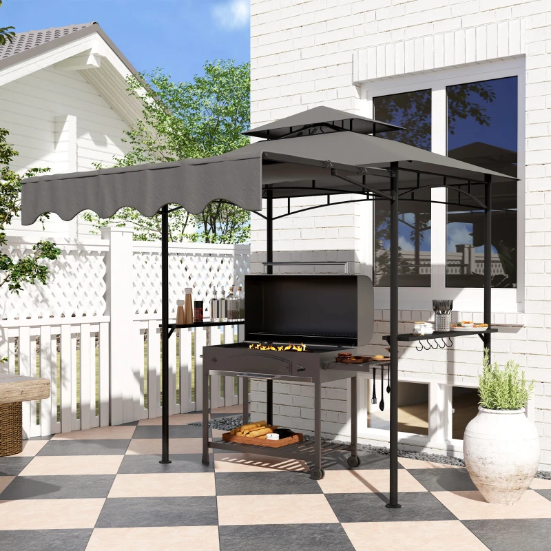 Outsunny 8' x 7.6' Grill Gazebo, Double Tiered Barbecue Grill Gazebo Shelter w/ Side Awning, 2 Side Shelves, 6 Hooks, Dark Grey