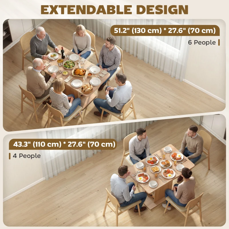 HOMCOM Extendable Dining Table for 4-6 People, 43.3"-51.2" Kitchen Table with 6 Open Shelves, Natural Wood