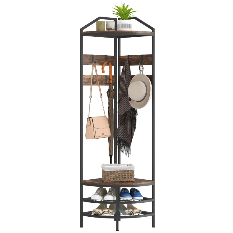 HOMCOM Corner Hall Tree, Industrial 4-Tier Coat Rack with Shoe Storage, 8 Movable Hooks and 2 Shelves for Hallway, Rustic Brown