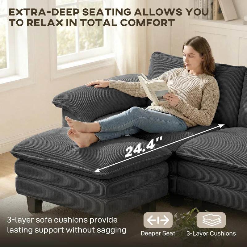 HOMCOM Sectional Sofa, L Shaped Couch with Deep Seat, Movable Ottoman and Pillow-top Armrests, Dark Gray