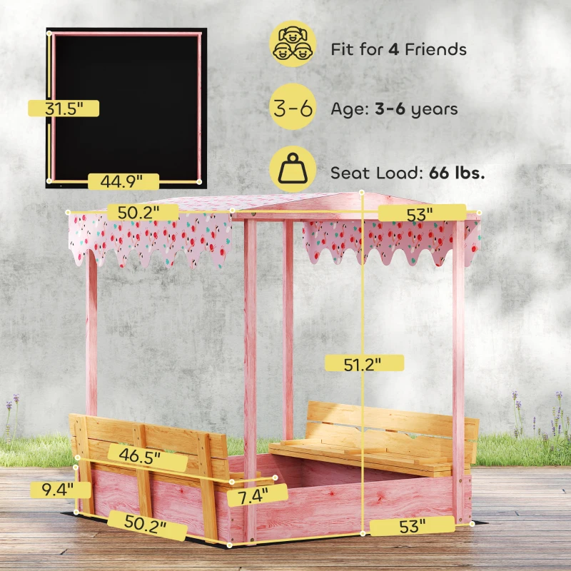 Qaba Wooden Sandbox with Cover, Kids Sandbox Outdoor with Seat, Bottom Liner, Canopy for Ages 3-6, Flamingos Print, Pink