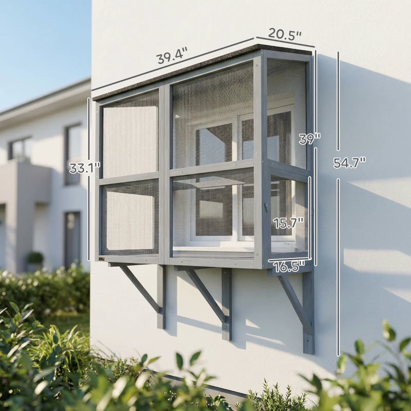 PawHut Catio Outdoor Cat Enclosure Outdoor Window Box Cat House with Waterproof Roof 39.4"L Gray