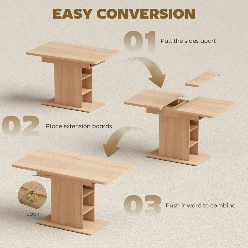 HOMCOM Extendable Dining Table for 4-6 People, 43.3"-51.2" Kitchen Table with 6 Open Shelves, Natural Wood