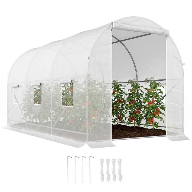 Outsunny 11.5x6.6x6.6ft Walk-in Tunnel Greenhouse Portable Garden Plant Growing Warm House with Door and Ventilation Window, White
