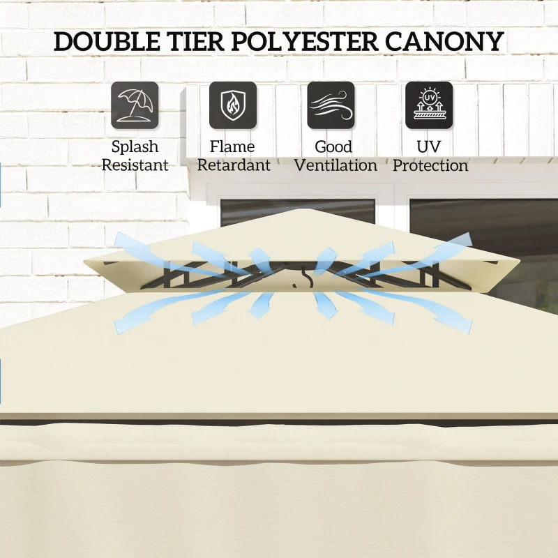 Outsunny 8' x 7.6' Grill Gazebo, Double Tiered Barbecue Grill Gazebo Shelter w/ Side Awning, 2 Side Shelves, 6 Hooks, Beige
