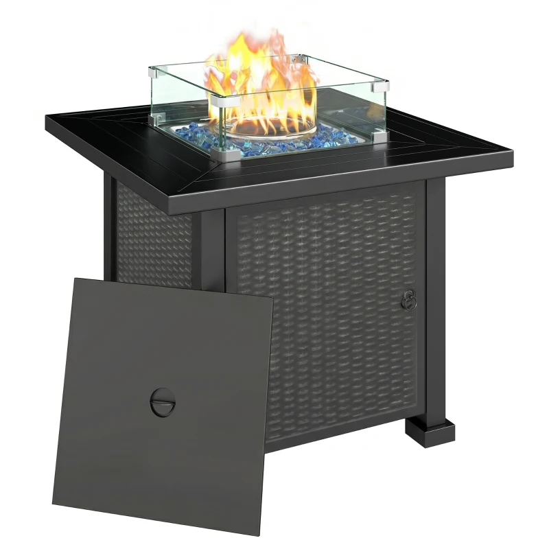 Outsunny 32" Propane Gas Fire Pit Table, 50,000 BTU Square Patio Table with Fire Pit, Wind Guard, Lid, CSA Certified, Black