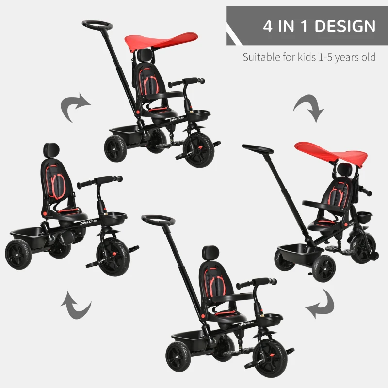 Qaba Kids Tricycle 4 In 1 Trike with Reversible Angle Adjustable Seat Removable Handle Canopy Handrail Belt Storage Footrest Brake Clutch for 1-5 Years Old Red