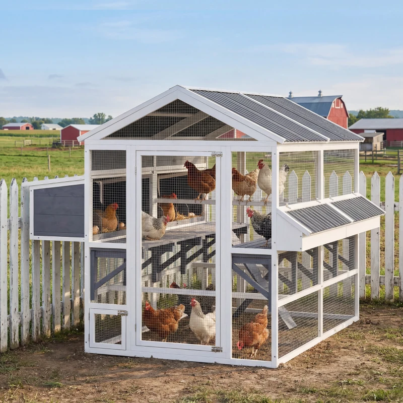 PawHut Wooden Chicken Coop, Outdoor Hen House with 2 Feeders, 2 Nesting Boxes, 2 Roosting Bars, Ramps, Waterproof Roof
