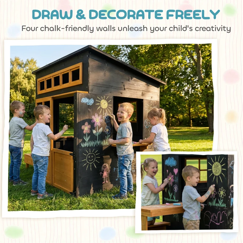 Qaba Outdoor Playhouse, Wooden Kids Playhouse w/ Picnic Table & Benches, Chalkboards, Half Door, Windows, for Kids Ages 3-8