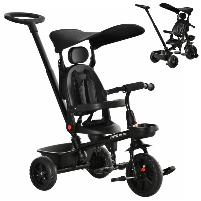 Qaba Tricycle for Toddler 4 in 1 Kids Trike with Reversible Adjustable Seat, Baby Push Bike with Removable Handle, Flat Canopy, Belt Storage Brake Clutch for 1-5 Years, Black