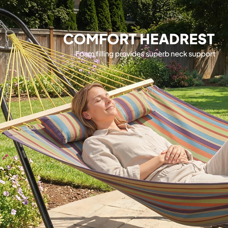 Outsunny Hammock with Stand, Heavy Duty Camping Hammock with Detachable Pillow and Spreader Bar, 264 lbs Capacity, Multicolor