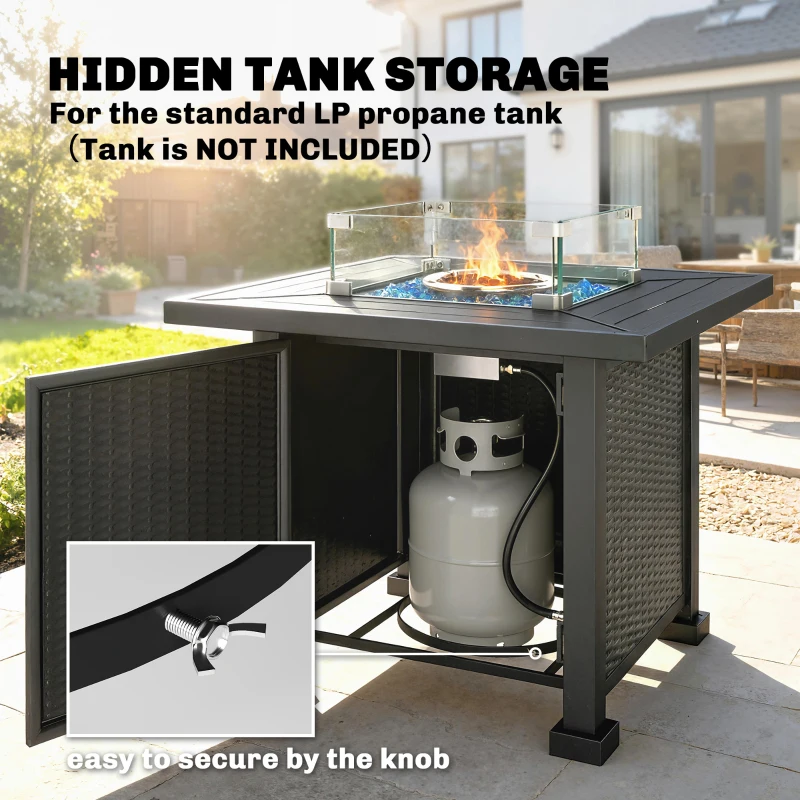 Outsunny 32" Propane Gas Fire Pit Table, 50,000 BTU Square Patio Table with Fire Pit, Wind Guard, Lid, CSA Certified, Black