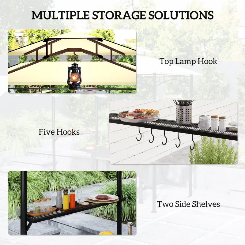 Outsunny 8' x 7.6' Grill Gazebo, Double Tiered Barbecue Grill Gazebo Shelter w/ Side Awning, 2 Side Shelves, 6 Hooks, Beige