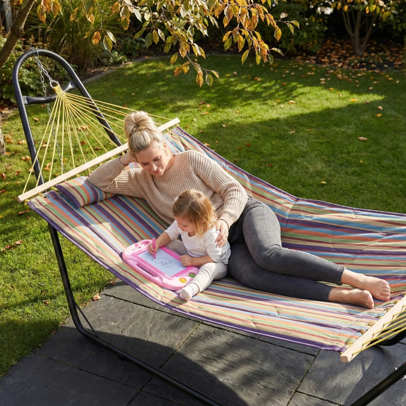 Outsunny Hammock with Stand, Heavy Duty Camping Hammock with Detachable Pillow and Spreader Bar, 264 lbs Capacity, Multicolor