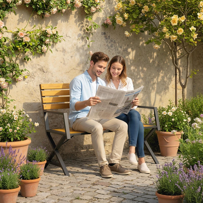 Outsunny Outdoor Garden Bench, Patio Bench with Backrest and Armrests, 2-Person Garden Seating