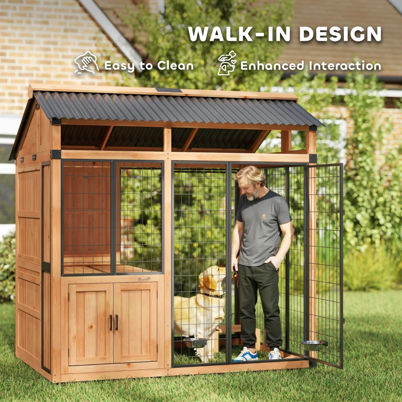 PawHut 7' x 5' Extra Large Dog House, Wood Outdoor Dog Kennel with Platform, Storage Cabinet for Large Breeds, Yellow