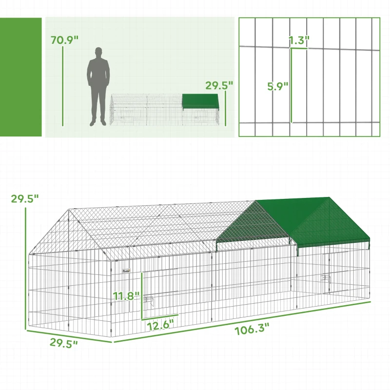 PawHut Metal Chicken Coop with Cover for Backyard Small Animals Duck Rabbit, 106" x 29.5" x 29.5", Green
