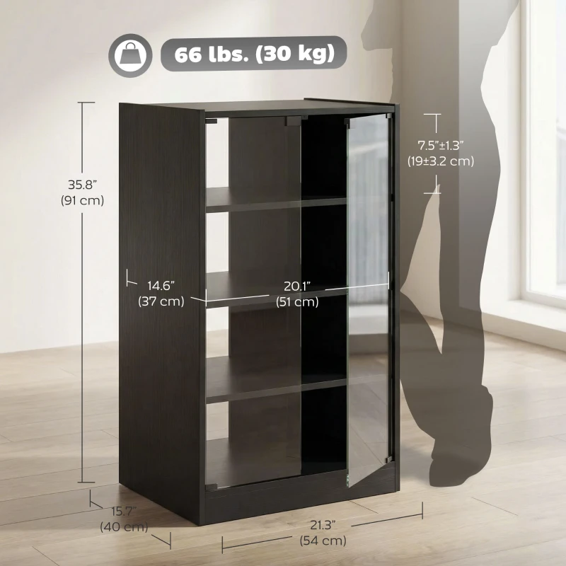 HOMCOM 5-Tier AV Media Stand with Push to Open Glass Doors, Audio-Video Storage Cabinet with Adjustable Shelves for DVD Players, Games Consoles, Routers, Distressed Black