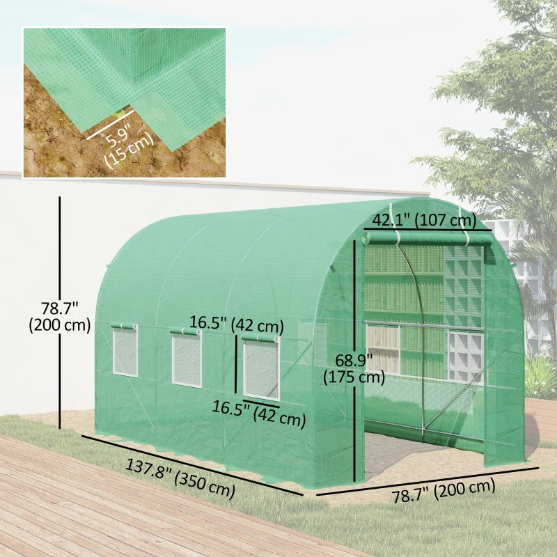 Outsunny 11.5' x 6.6' x 6.6' Walk-in Tunnel Greenhouse Garden Plant Seed Growing Warm House Outdoor Hot House w/ Roll Up Door, Windows, PE Cover Green