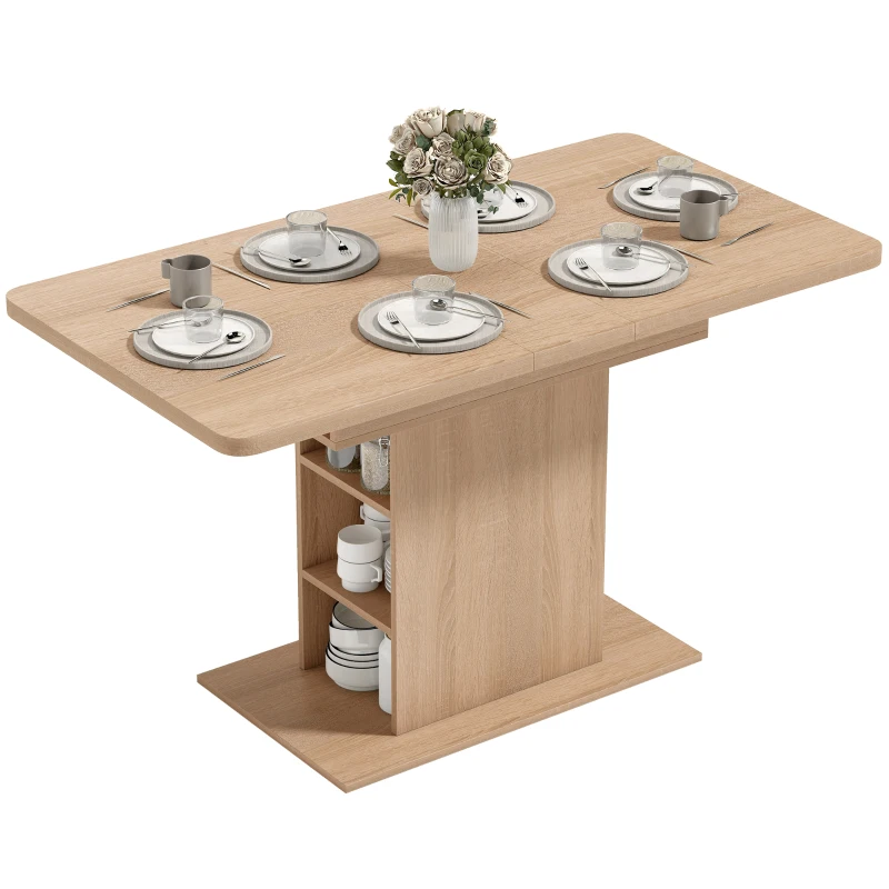 HOMCOM Extendable Dining Table for 4-6 People, 43.3"-51.2" Kitchen Table with 6 Open Shelves, Natural Wood