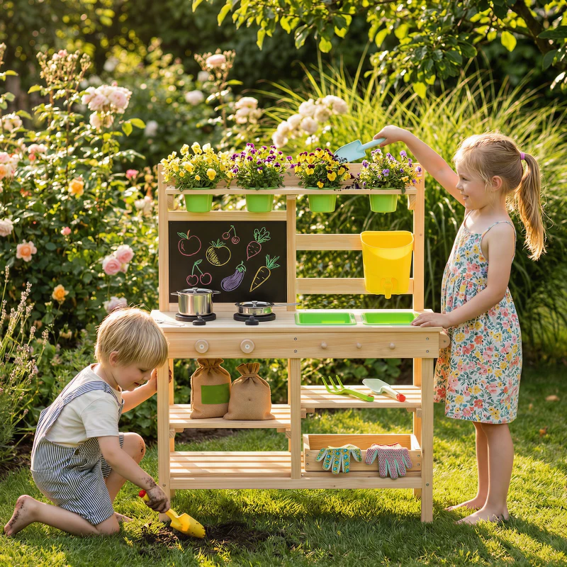 Qaba Kids Mud Kitchen, Outdoor Wooden Play Kitchen with Kitchenware & Garden Tools, Pretend Play Outdoor Toys, Natural