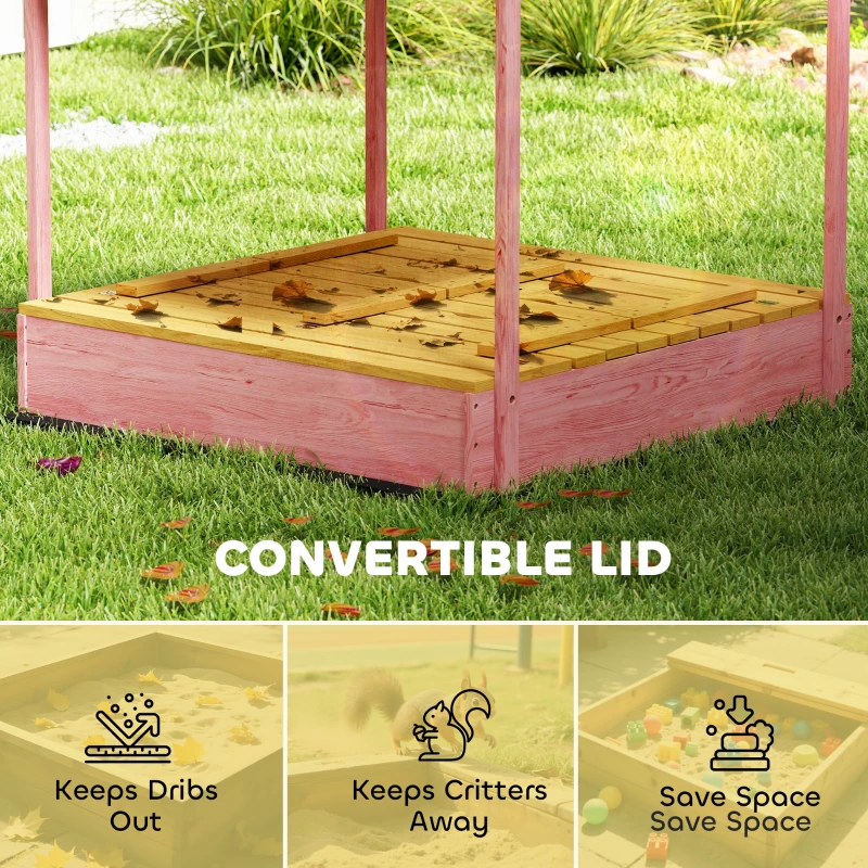 Qaba Wooden Sandbox with Cover, Kids Sandbox Outdoor with Seat, Bottom Liner, Canopy for Ages 3-6, Flamingos Print, Pink