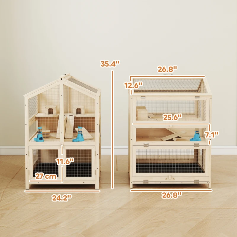 PawHut Wooden Hamster Cage, Large 3 Tier Hamster Cage w/ Pull-Out Tray, Openable Top, Hut, Seesaws, 26.8"L x 24.2"W x 35.4"H