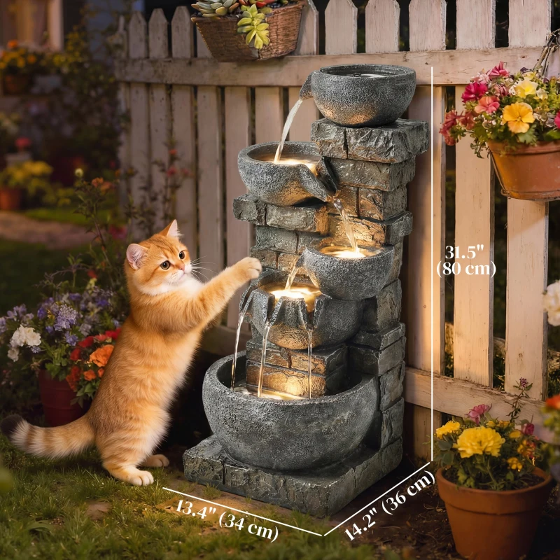 Outsunny Outdoor 31.5" Tall Water Fountain with LED Lights, 5 Tiers Cascading Water Feature for Garden Patio Home Decor, Grey